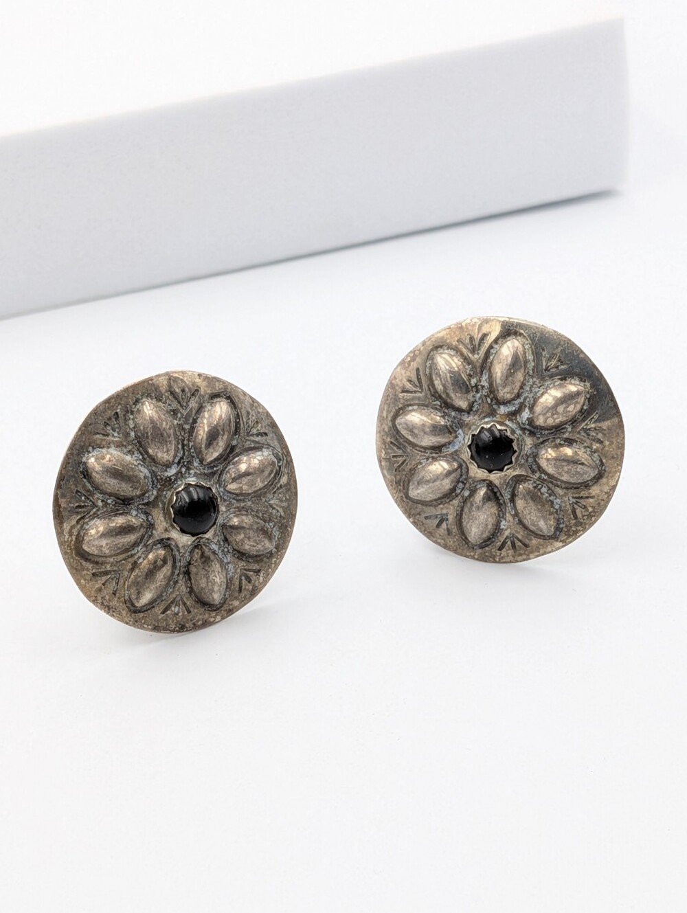Vintage round floral style black cabochon clip on earrings